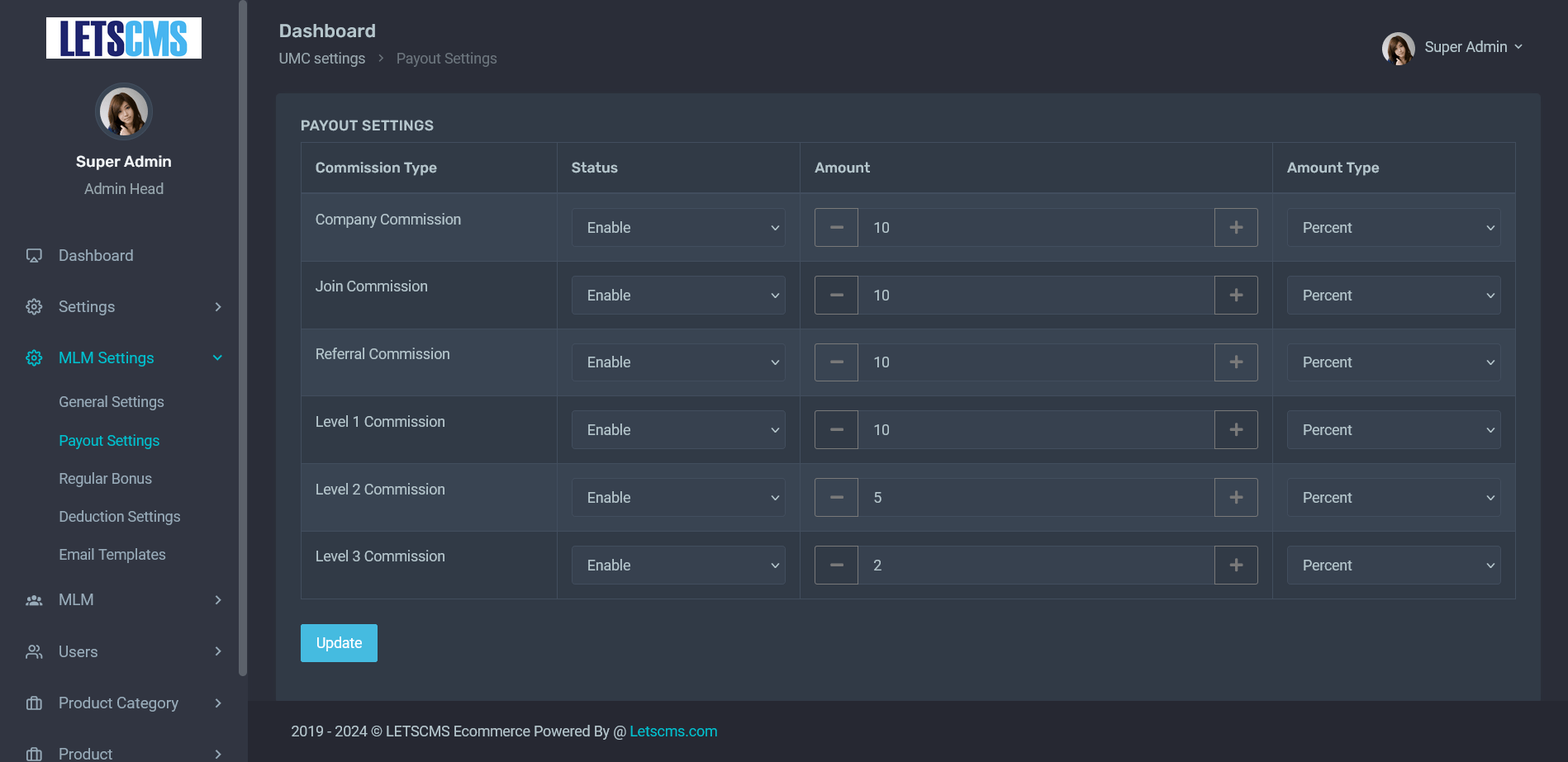 Unilevel mlm Payout SETTINGS