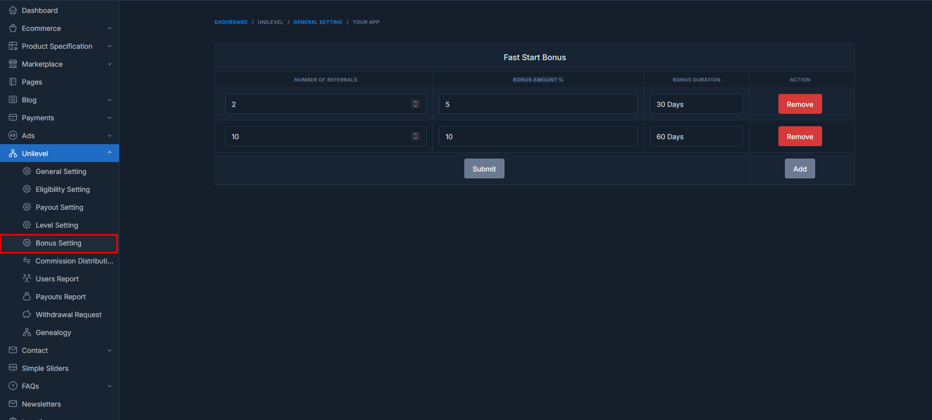 Unilevel mlm bonus Settings