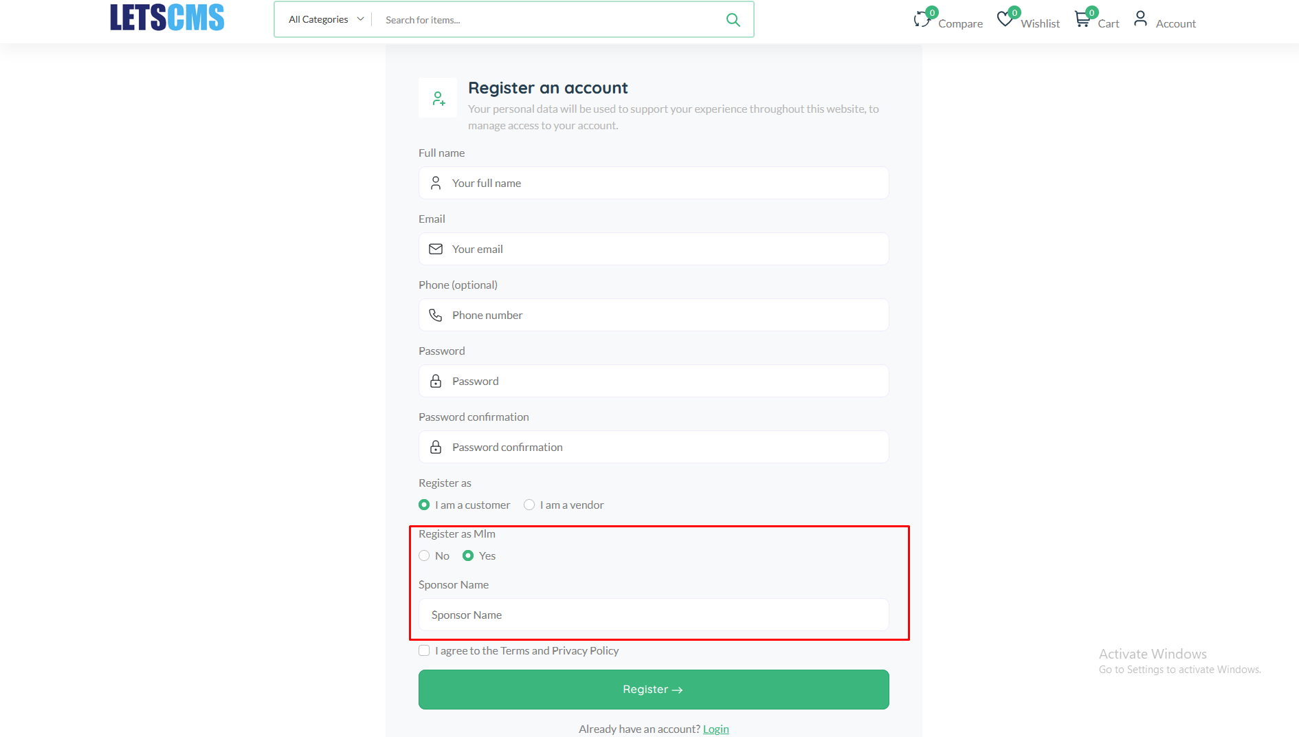 Unilevel mlm User Registration