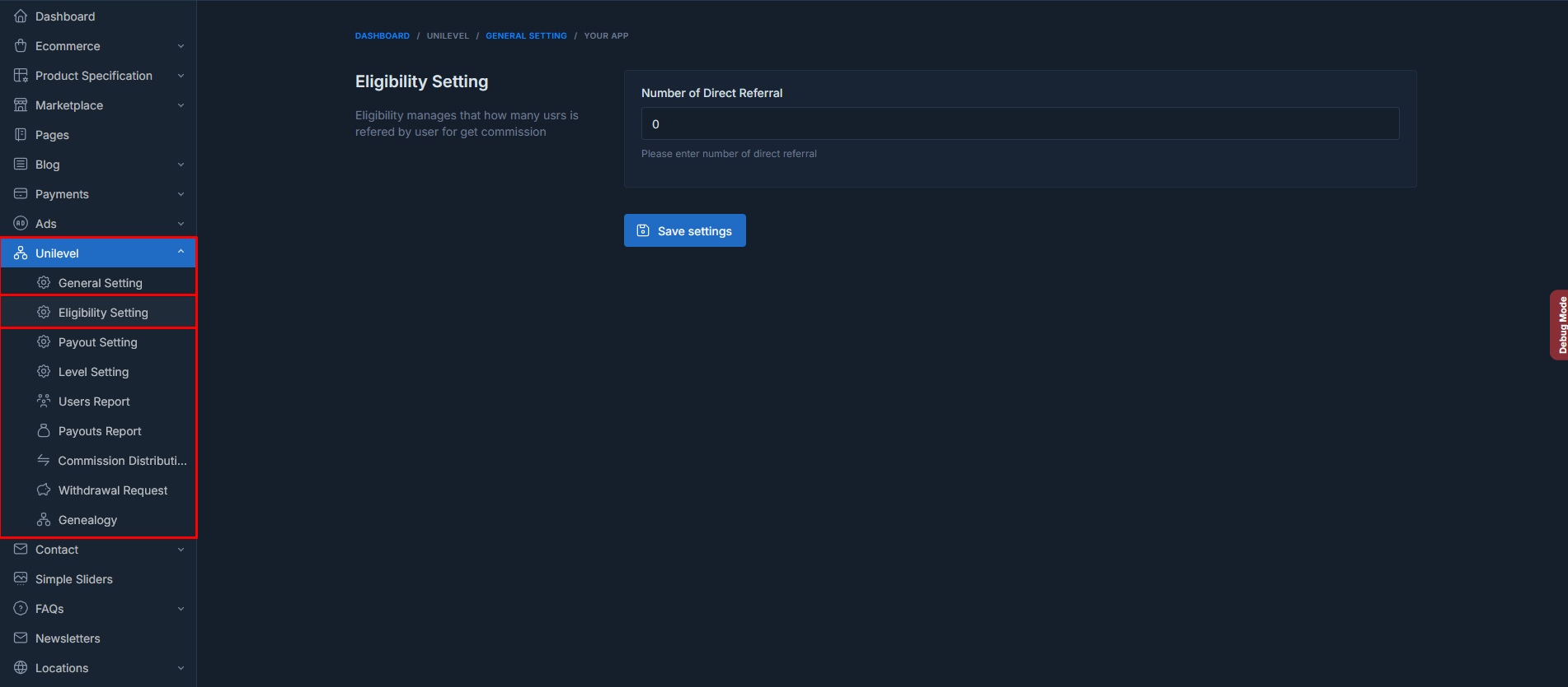 Unilevel mlm eligibility settings