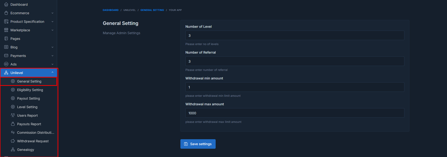 Unilevel mlm GENERAL SETTINGS