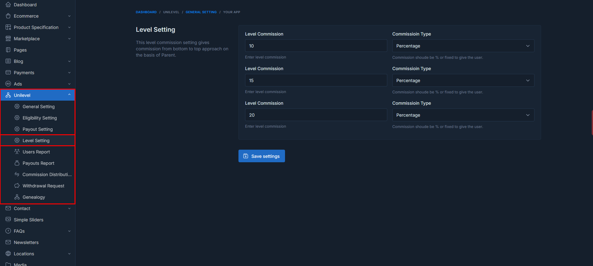 Unilevel mlm Level Settings
