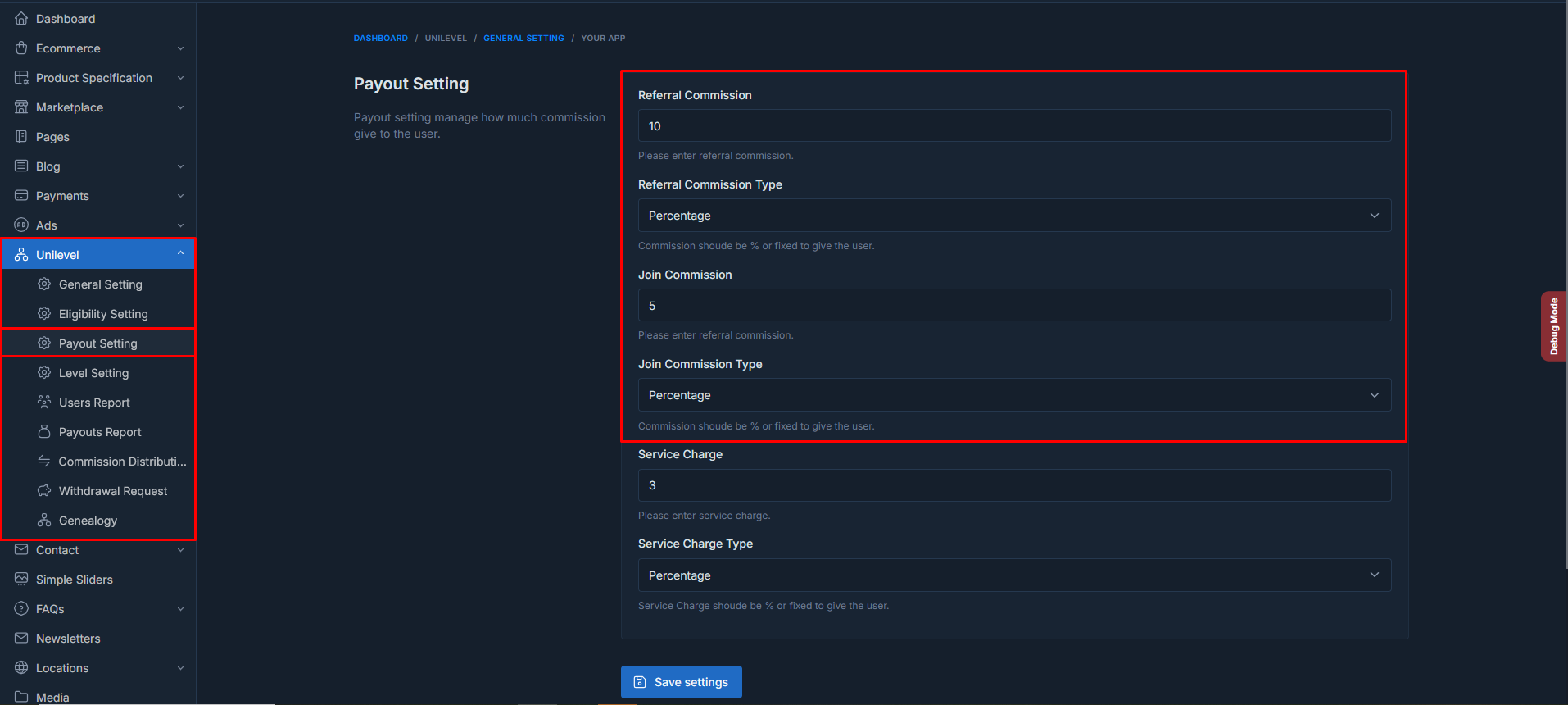 Unilevel mlm Payout SETTINGS