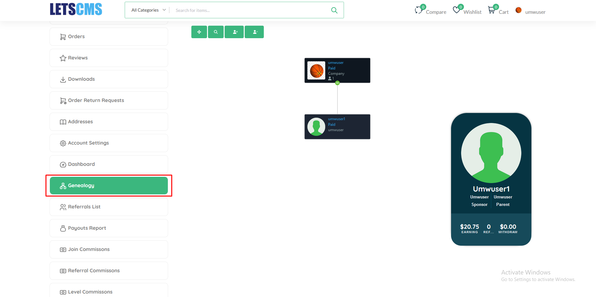 Unilevel User MLM Genealogy
